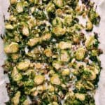 roasted brussel sprouts on a baking tray