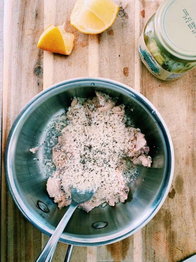Panko bread crumbs and canned salmon in a pot for Crispy Salmon Pasta Without Cream