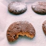 Peanut butter filled chocolate cookie on parchment paper