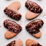 Chocolate dipped strawberry shortbread cookies dipped in dark chocolate for Valentine’s Day