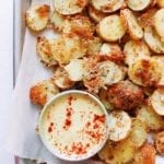 ROASTED PARMESAN & THYME POTATOES WITH DEVILED EGG AIOLI ON A BAKING SHEET