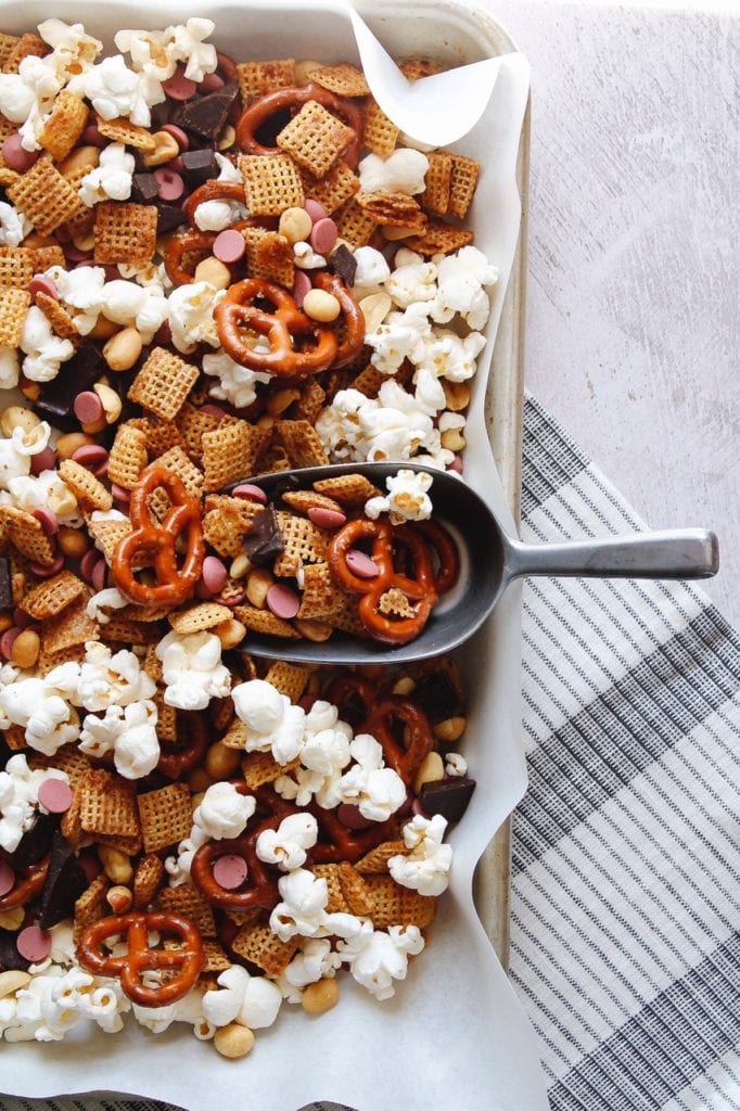 Sweet and salty snack mix with ruby chocolate