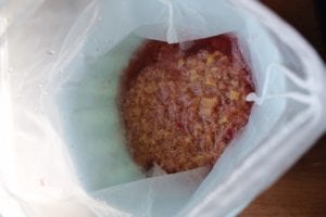 boiled rhubarb in a nutmilk bag