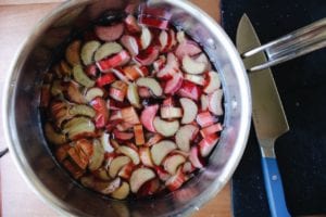 chopped rhubarb in a stock pot with water