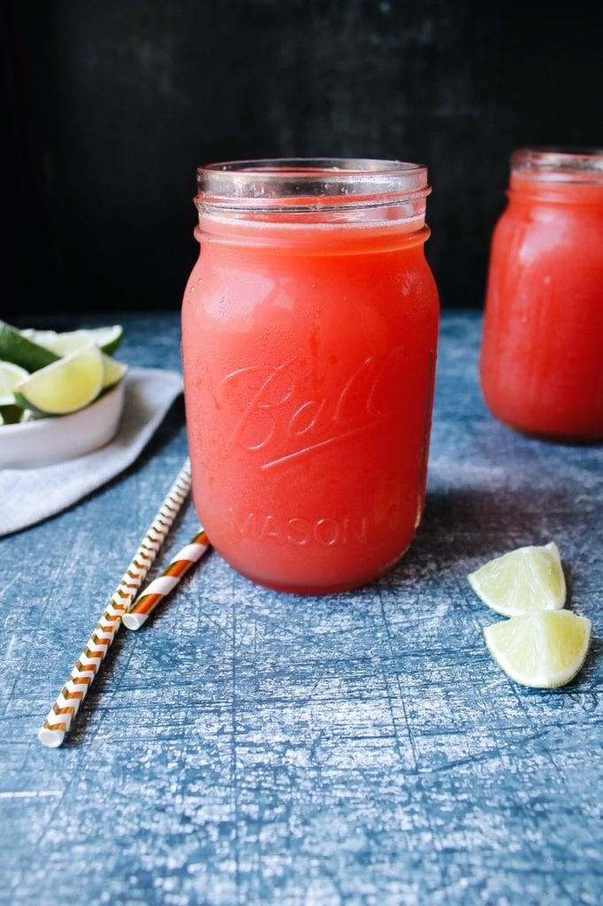 Watermelon juice in a glass jar 
