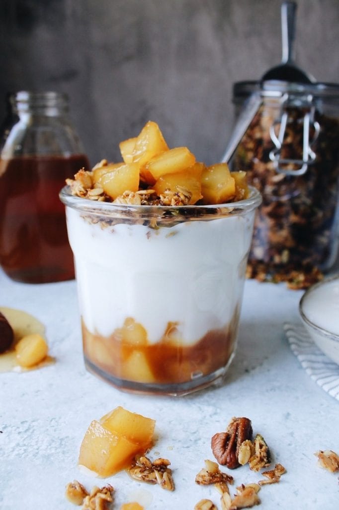 Parfait with pear compote in a glass jar