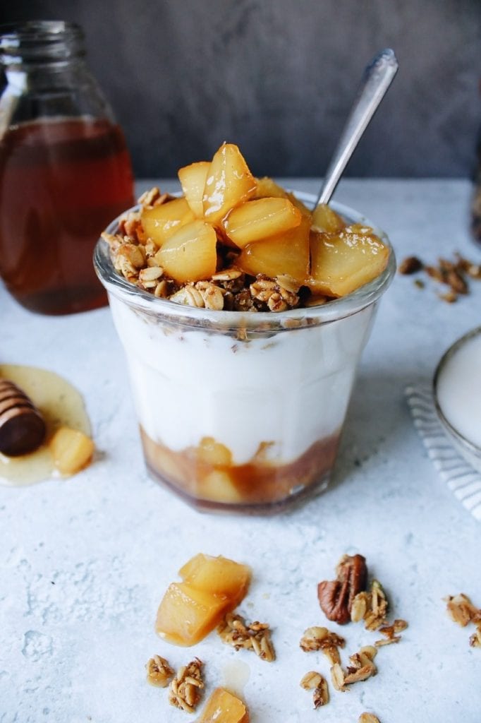 pears compote on top of yogurt and granola