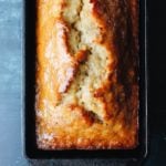 honey banana bread in a cast iron loaf pan