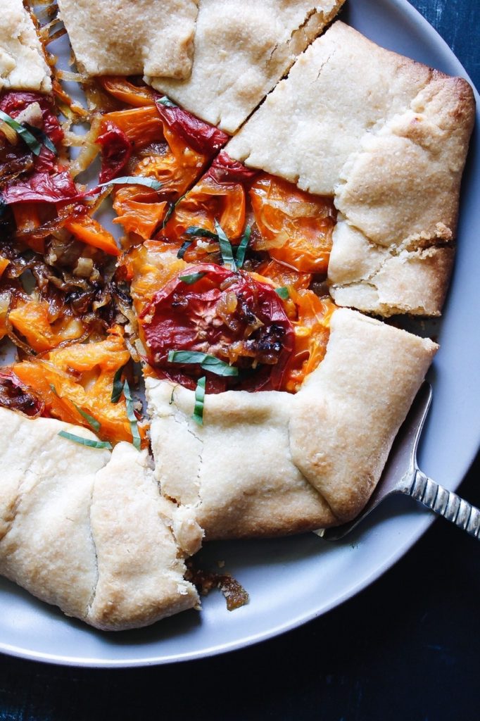 heirloom tomato galette with caramelized onions
