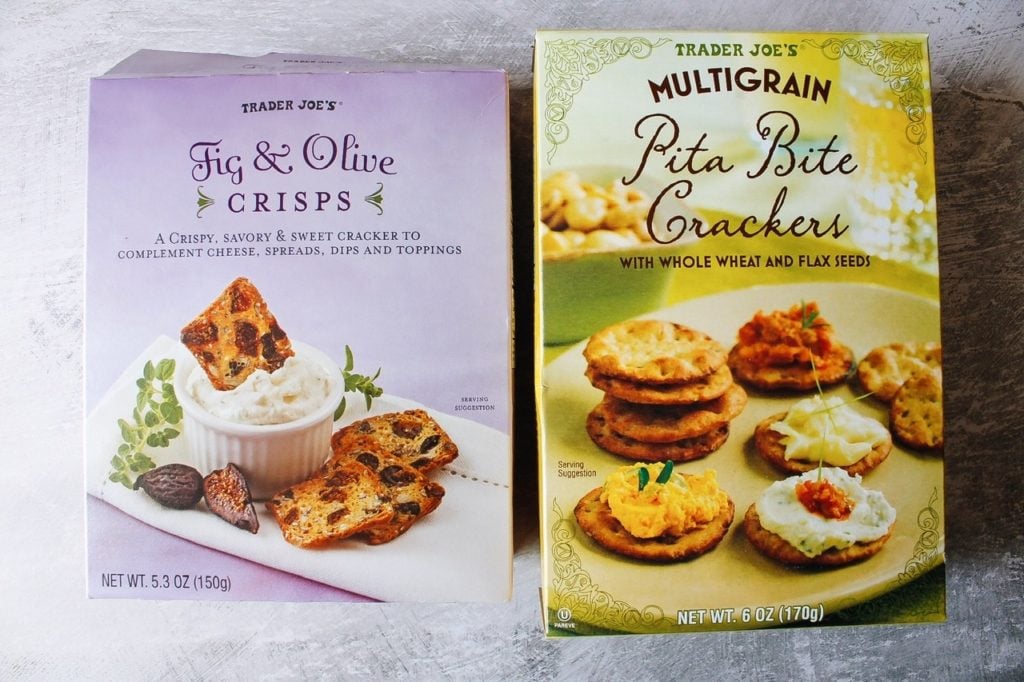 box of fig and olive crackers and multi graiin pita crackers from trader joes