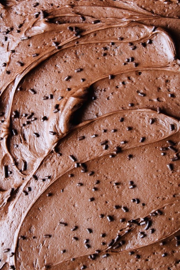 close up of chocolate frosting for sourdough chocolate cake