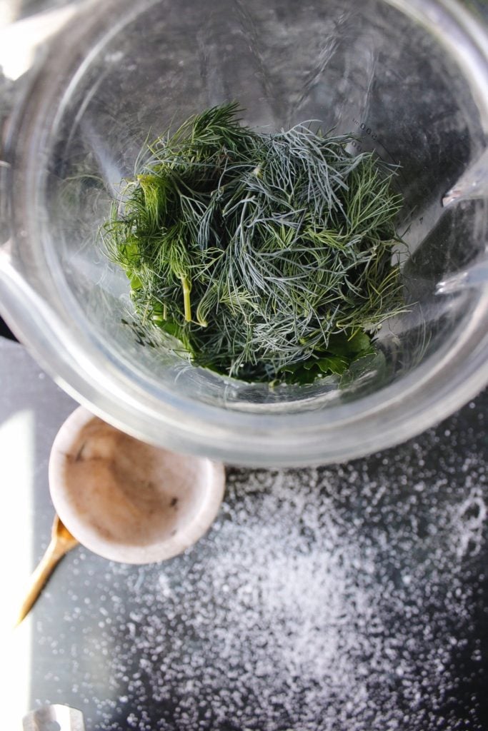 herbs and salt in blender