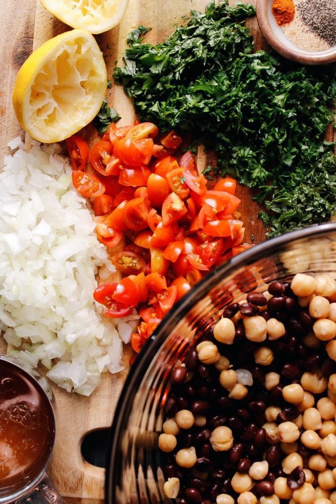 ingredients for chickpea and black bean salad