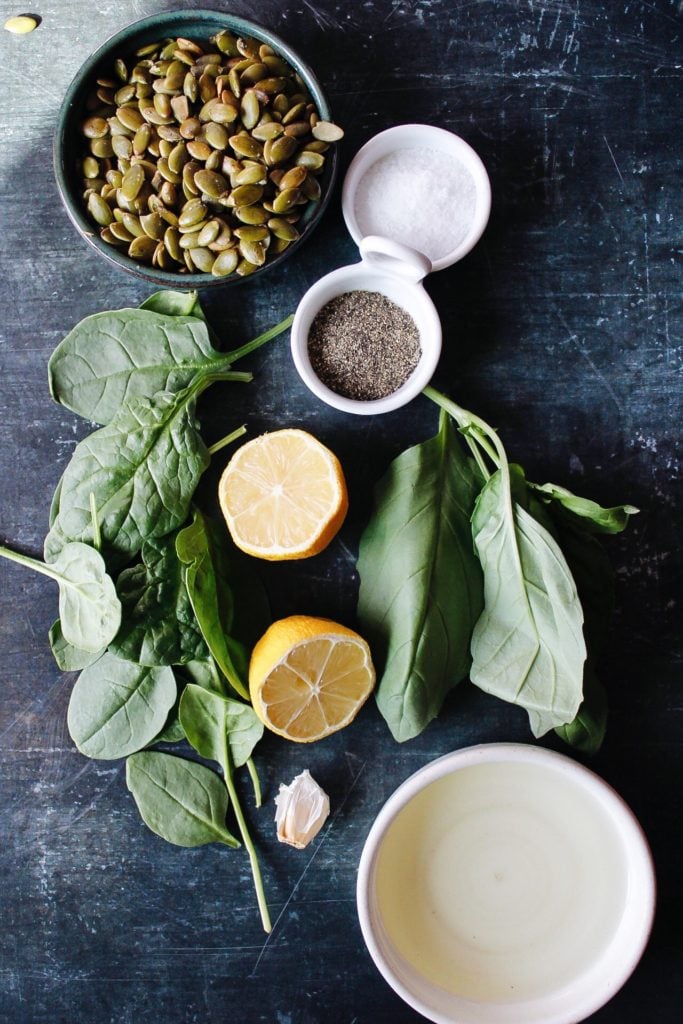 ingredients for pepita pesto laid out on counter