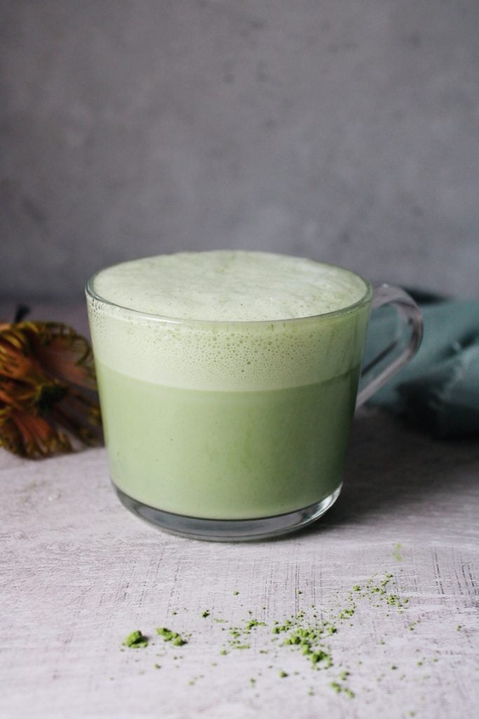 trader joes matcha powder in an oat milk latte