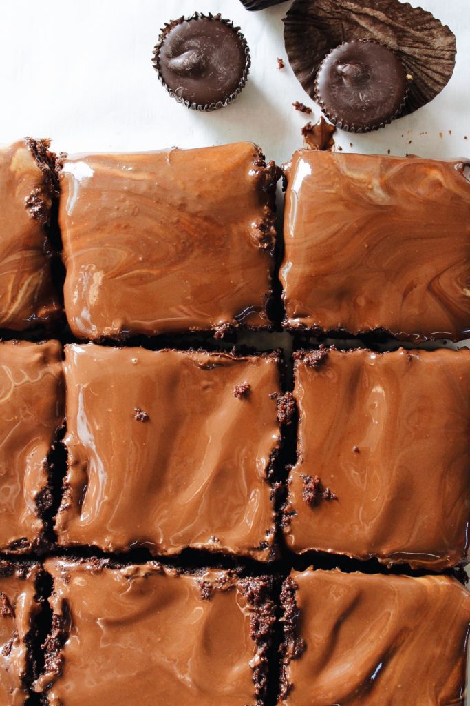 gluten free peanut butter cup brownies cut into squares