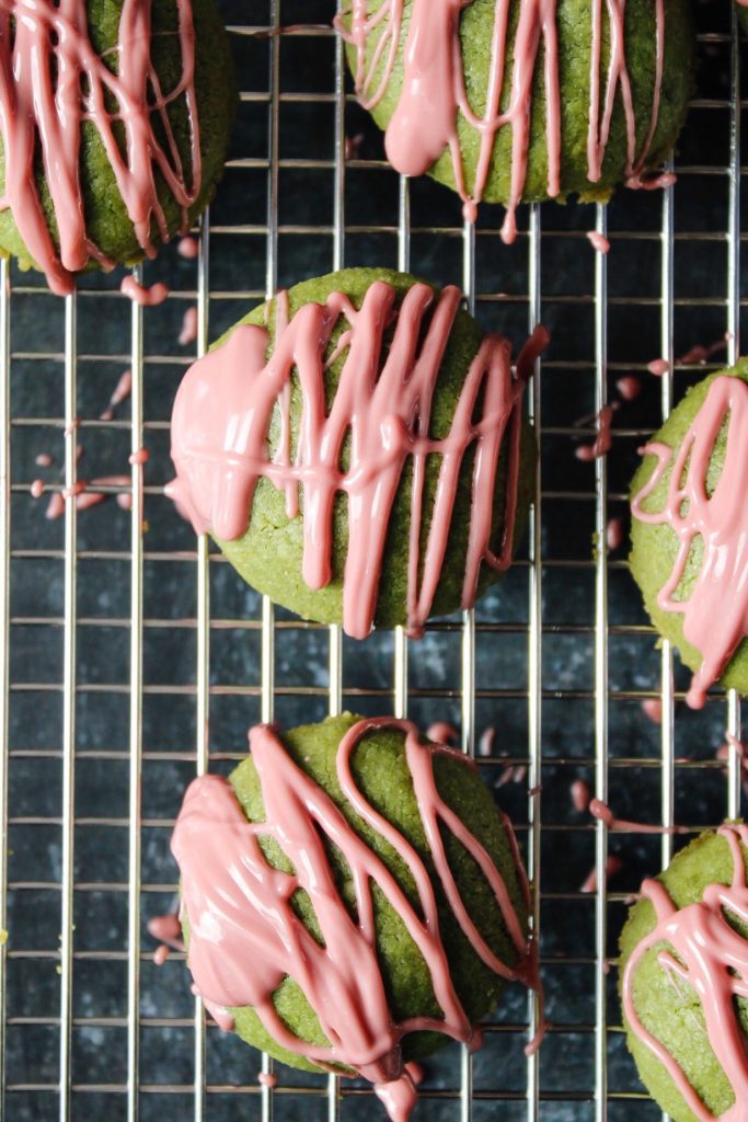 ruby chocolate drizzled onto matcha shortbread cookies