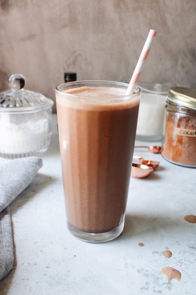 homemade chocolate milk in a clear glass