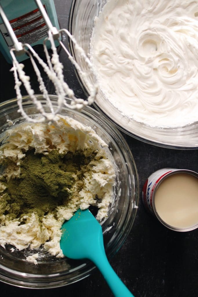 matcha cheesecake filling being made