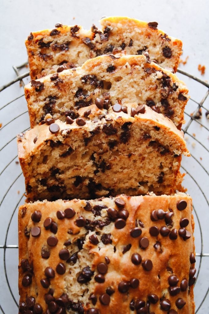 depression-era peanut butter bread sliced on a cooling rack