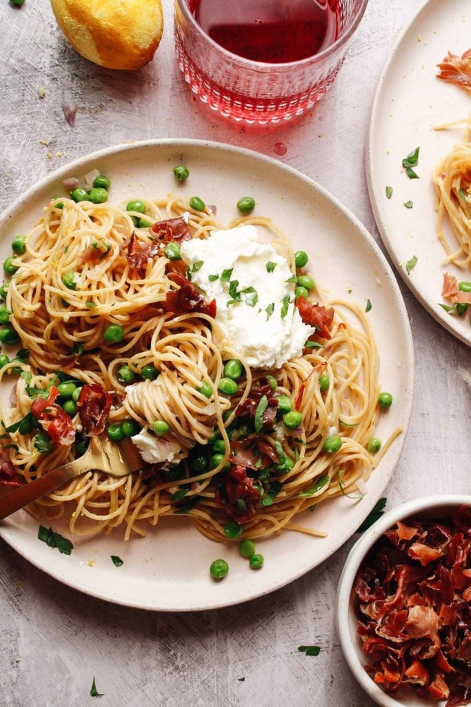 pasta with peas, crispy prosciutto and whipped feta