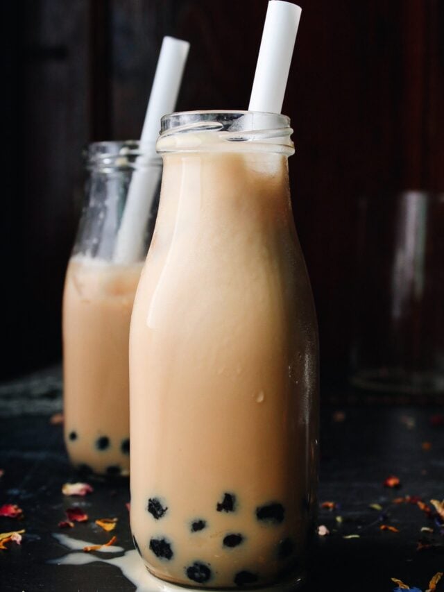 earl grey milk tea in a clear glass bottle