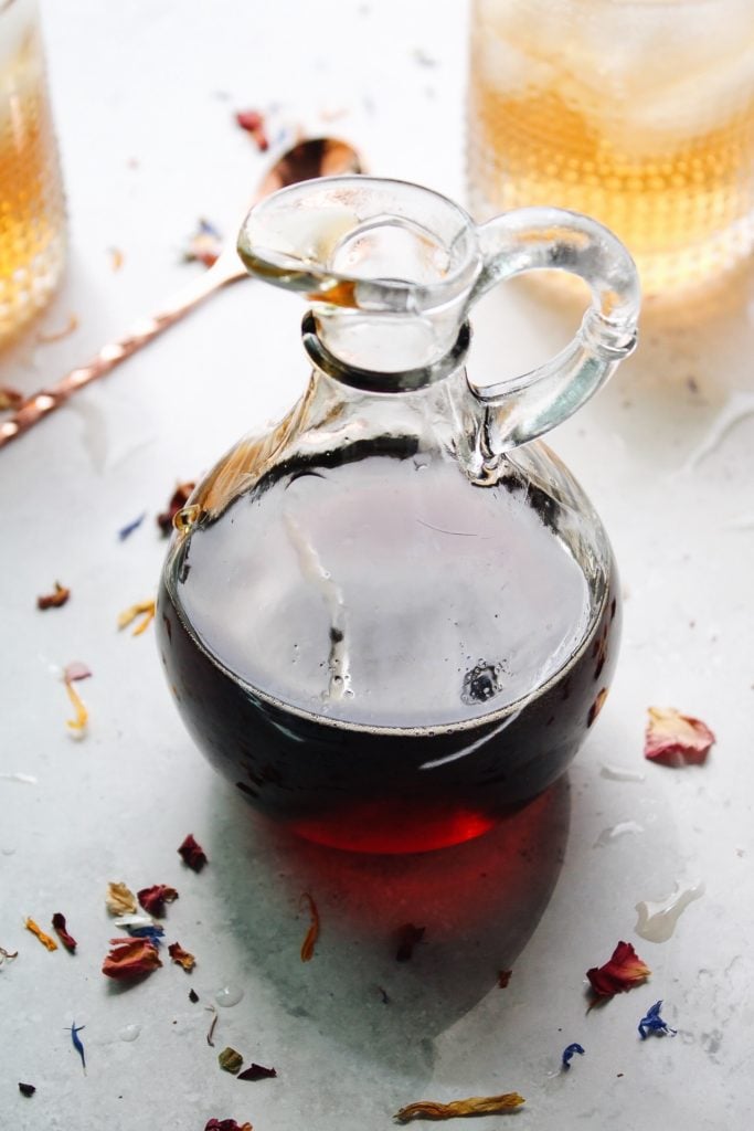 earl grey syrup in a clear glass bottle