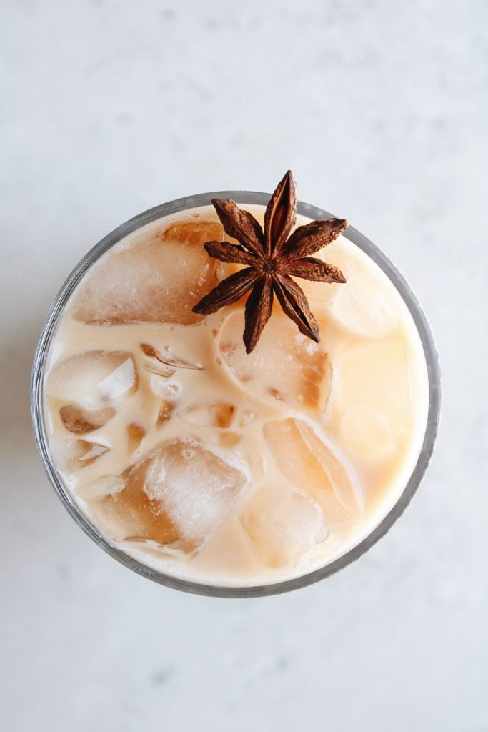 Overhead view of a starbucks iced chai latte