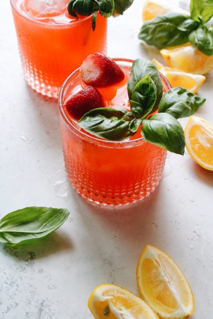 two glasses of strawberry basil lemonade