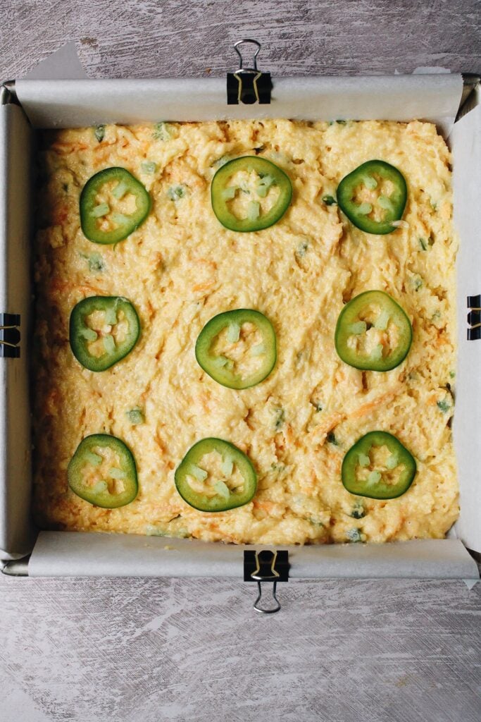 batter in an 8x8 baking dish