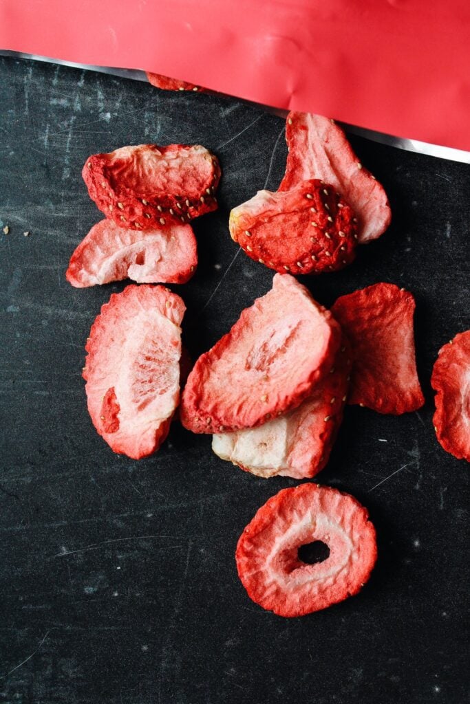 freeze-dried strawberries on a dark blue background