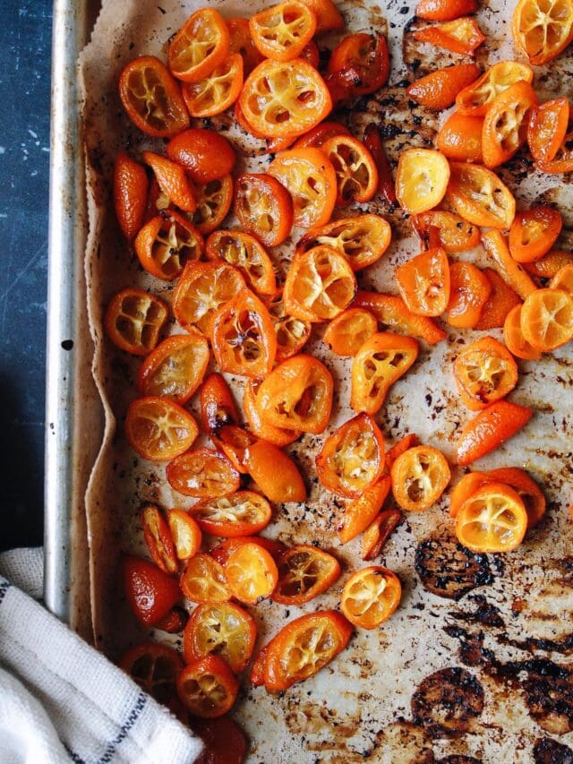 roasted kumquats on a baking sheet