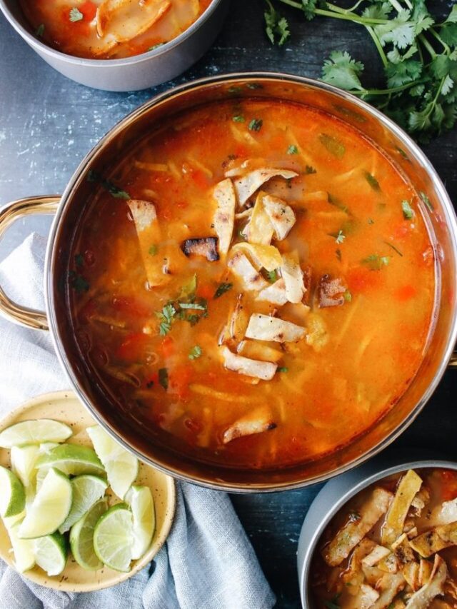 healthy chicken tortilla soup in a large pot