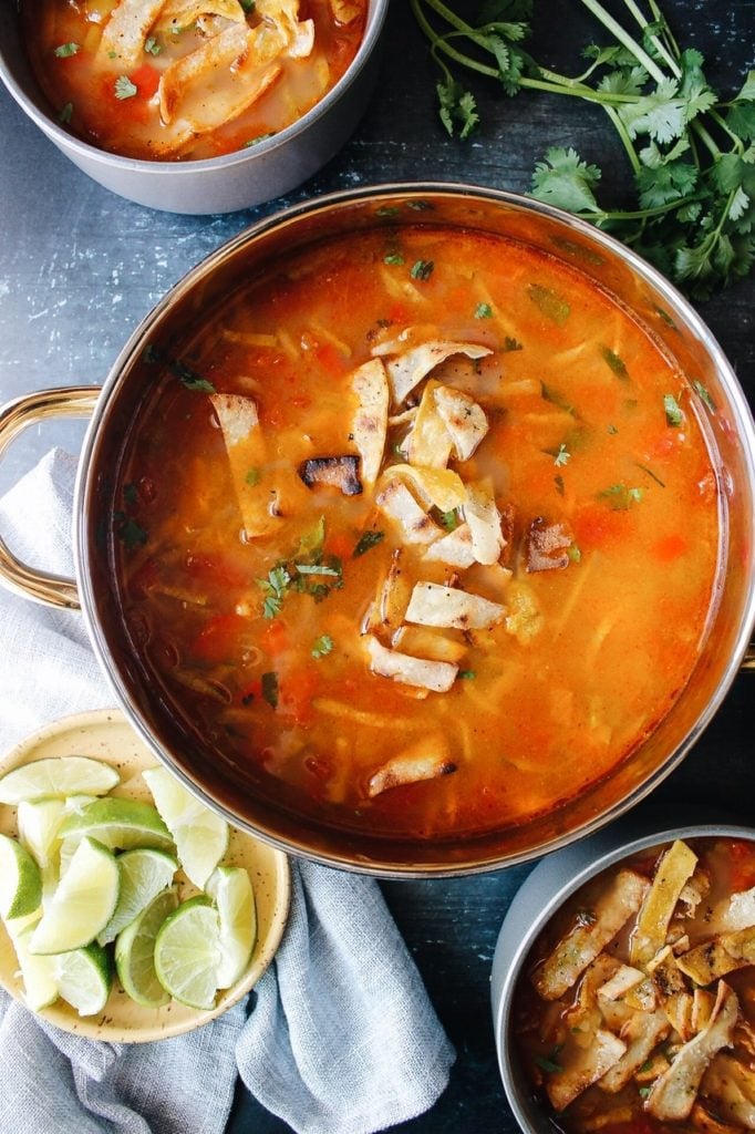healthy chicken tortilla soup in a large pot
