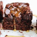 close up of honey brownies with honey dripping down the front