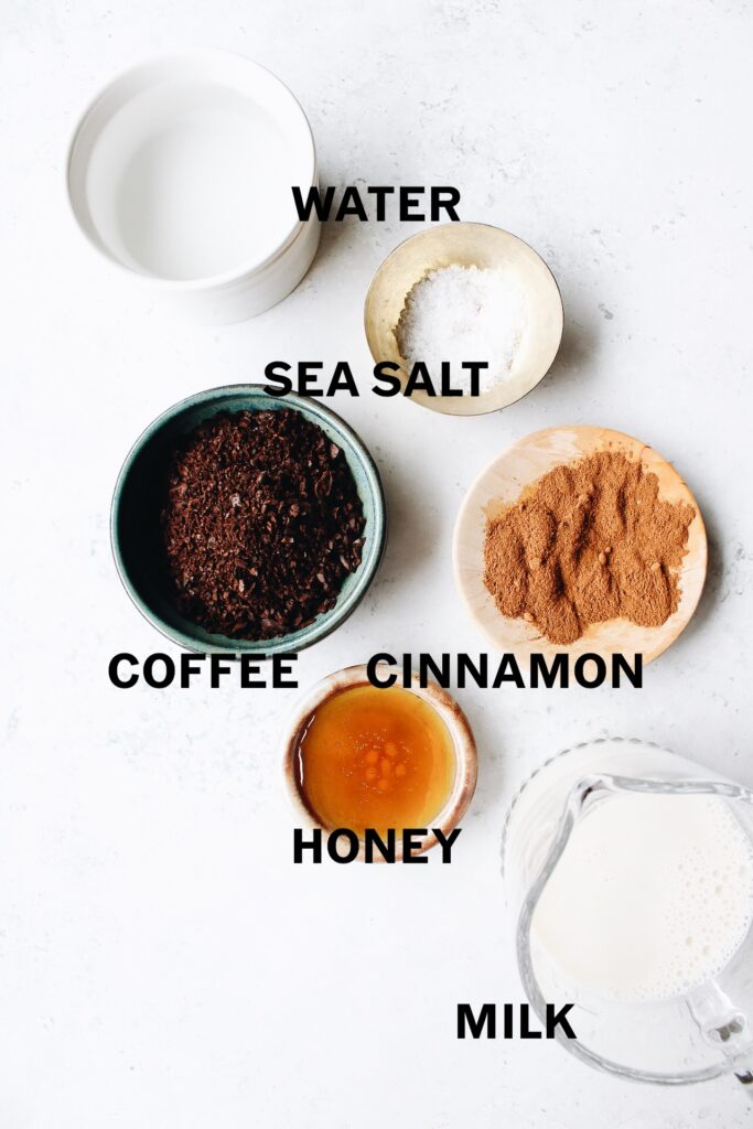 ingredients for a hot or iced honey cinnamon latte
