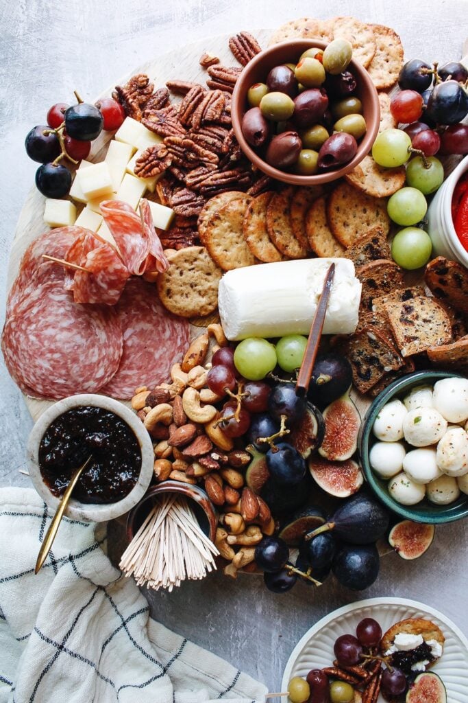 charcuterie board assembled with items from trader joes