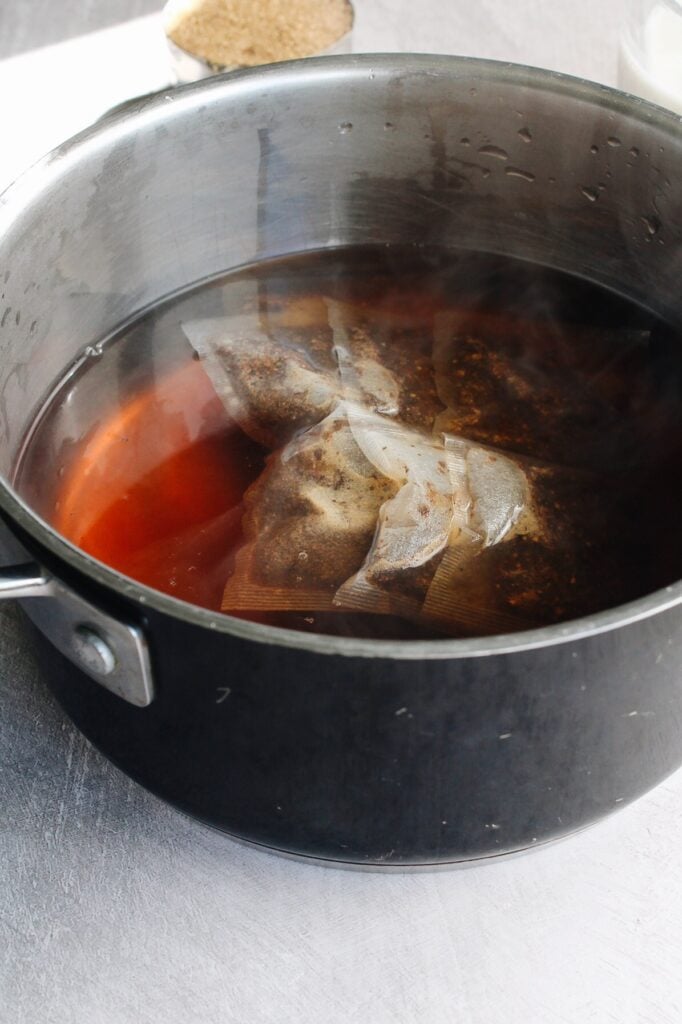 chai tea bags steeping in pot