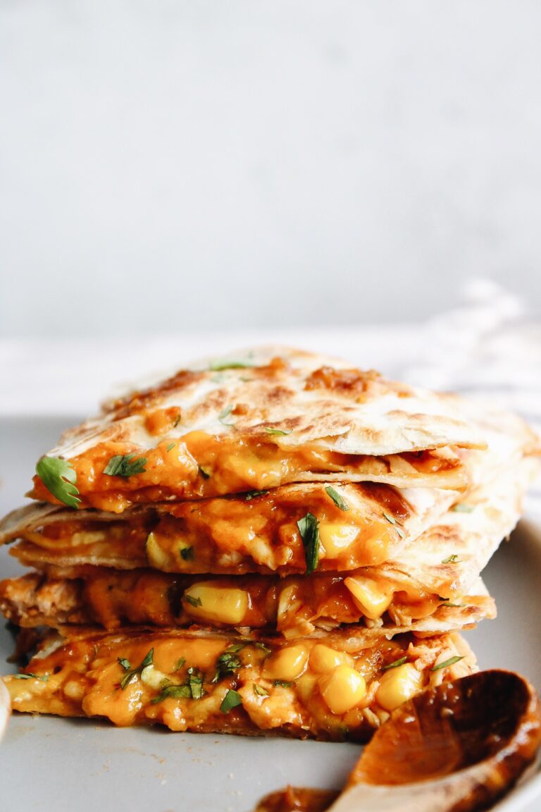 bbq chicken quesadillas stacked on a gray plate