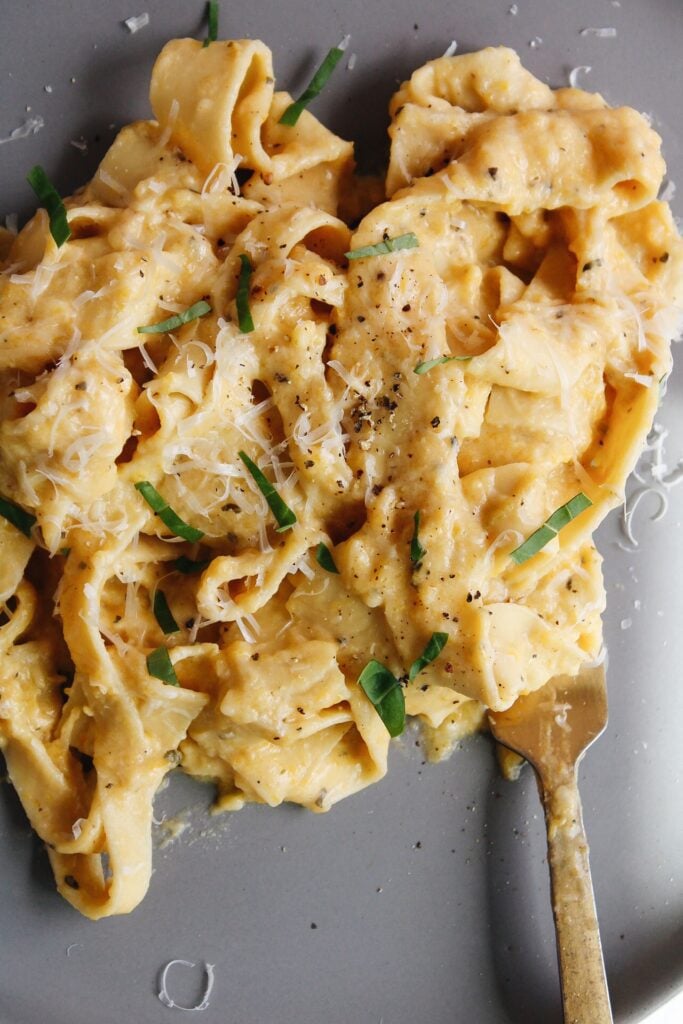 butternut squash alfredo sauce pasta on a gray plate