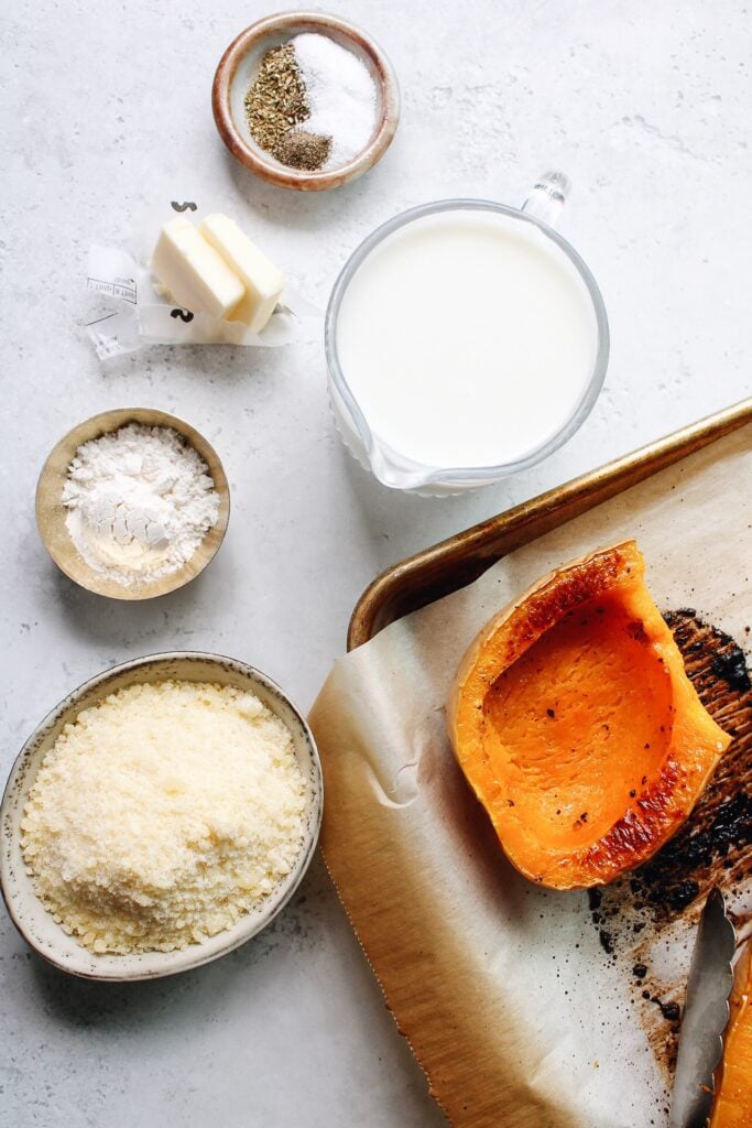 butternut squash alfredo ingredients laid out on a white background