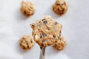 peanut butter chocolate chip oatmeal cookie in a cookie scoop