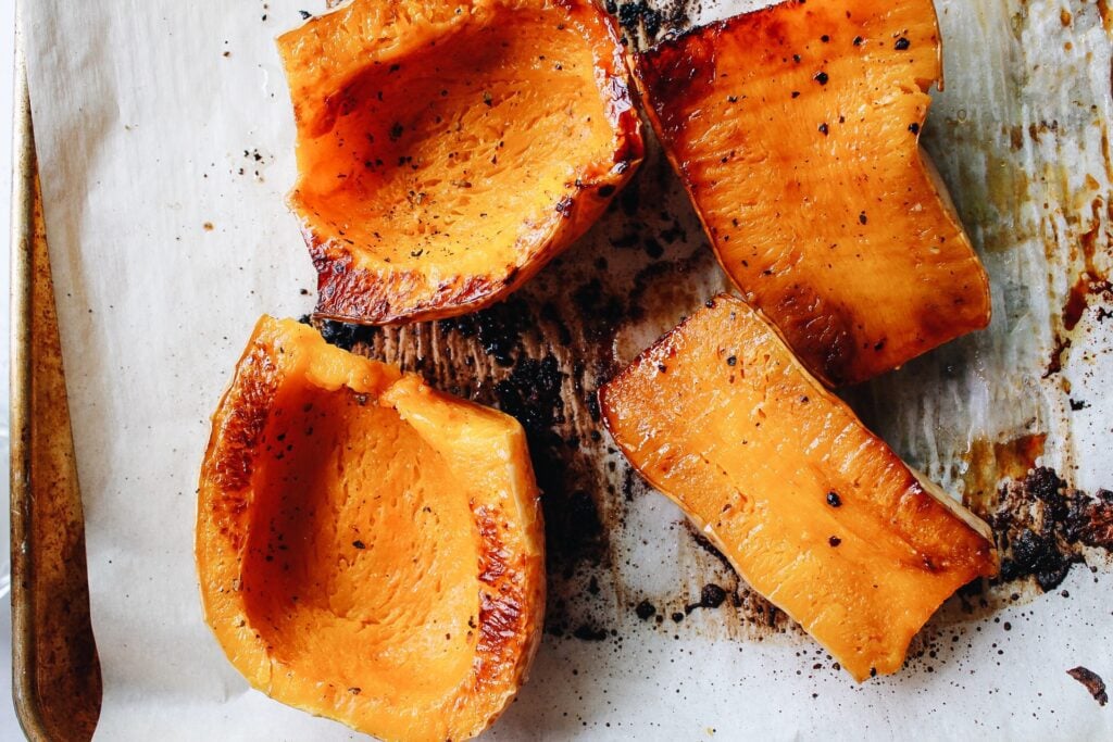 roasted butternut squash on a baking sheet