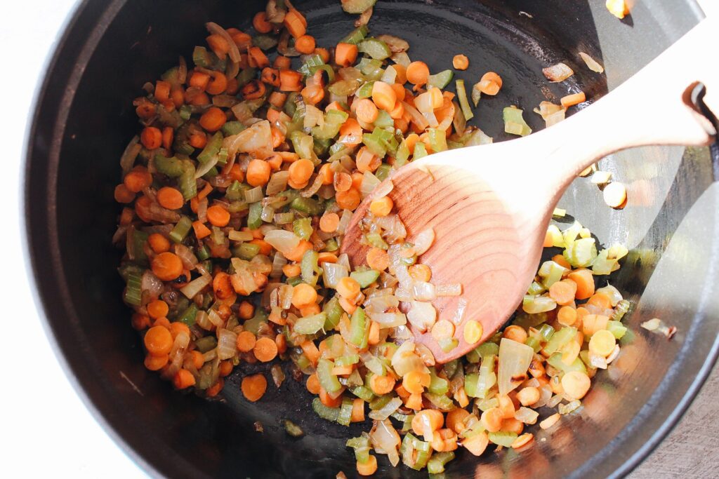 sauteed carrot, celery and onion in a dutch oven
