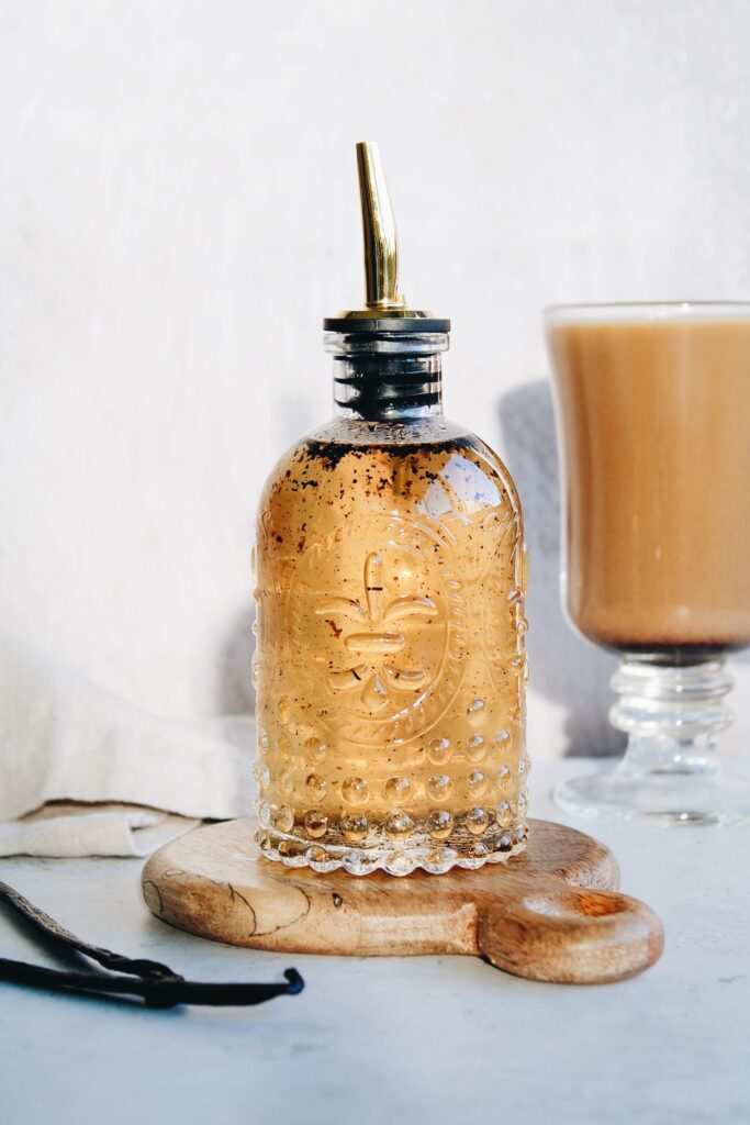 vanilla bean simple syrup in  glass jar