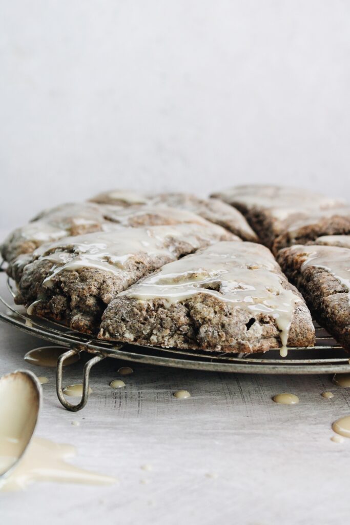 buckwheat scones with maple glaze on an antique cooling rack