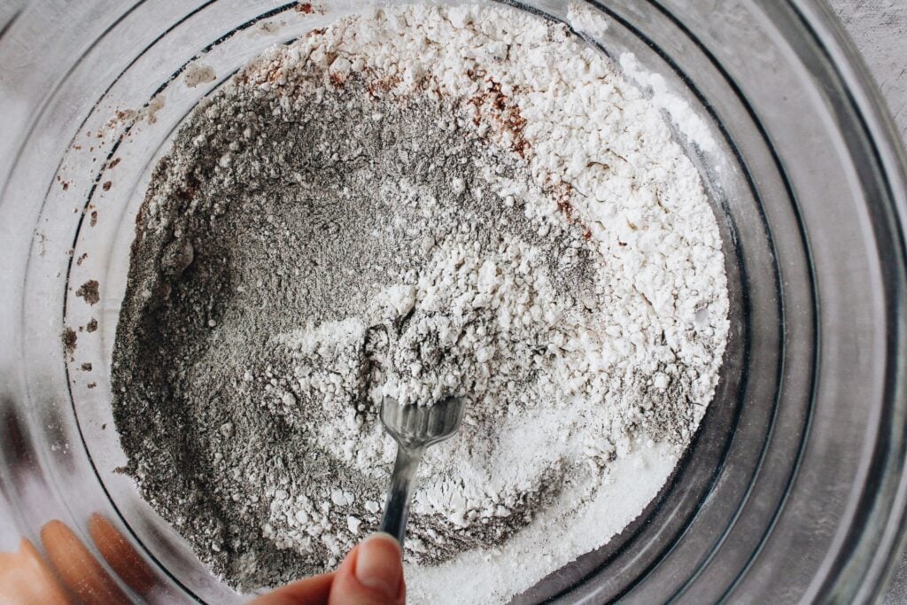 dry ingredients for buckwheat scones being stirred with a fork