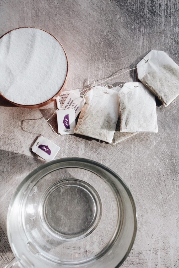 ingredients for chamomile syrup on a grap countertop