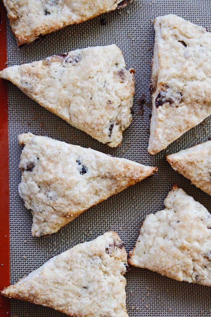 date scones on a baking sheet 
