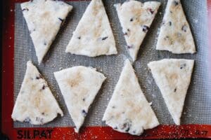 date scones, cut before baking, sprinkle with raw sugar and brushed with milk.